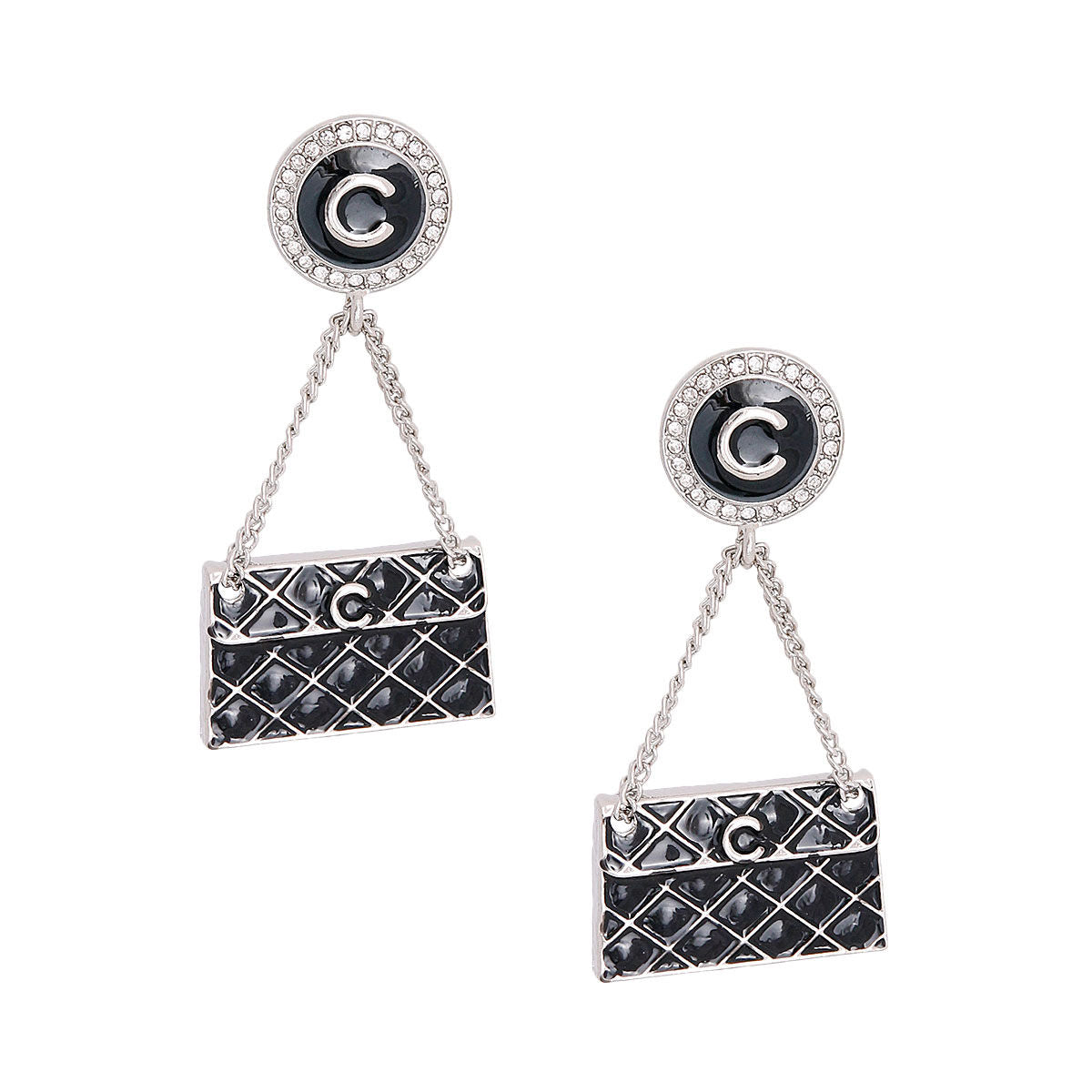 Black Quilted Bag Silver Earrings