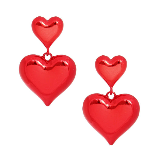 Dangle Red Med Puffy Metal Heart Earrings Women