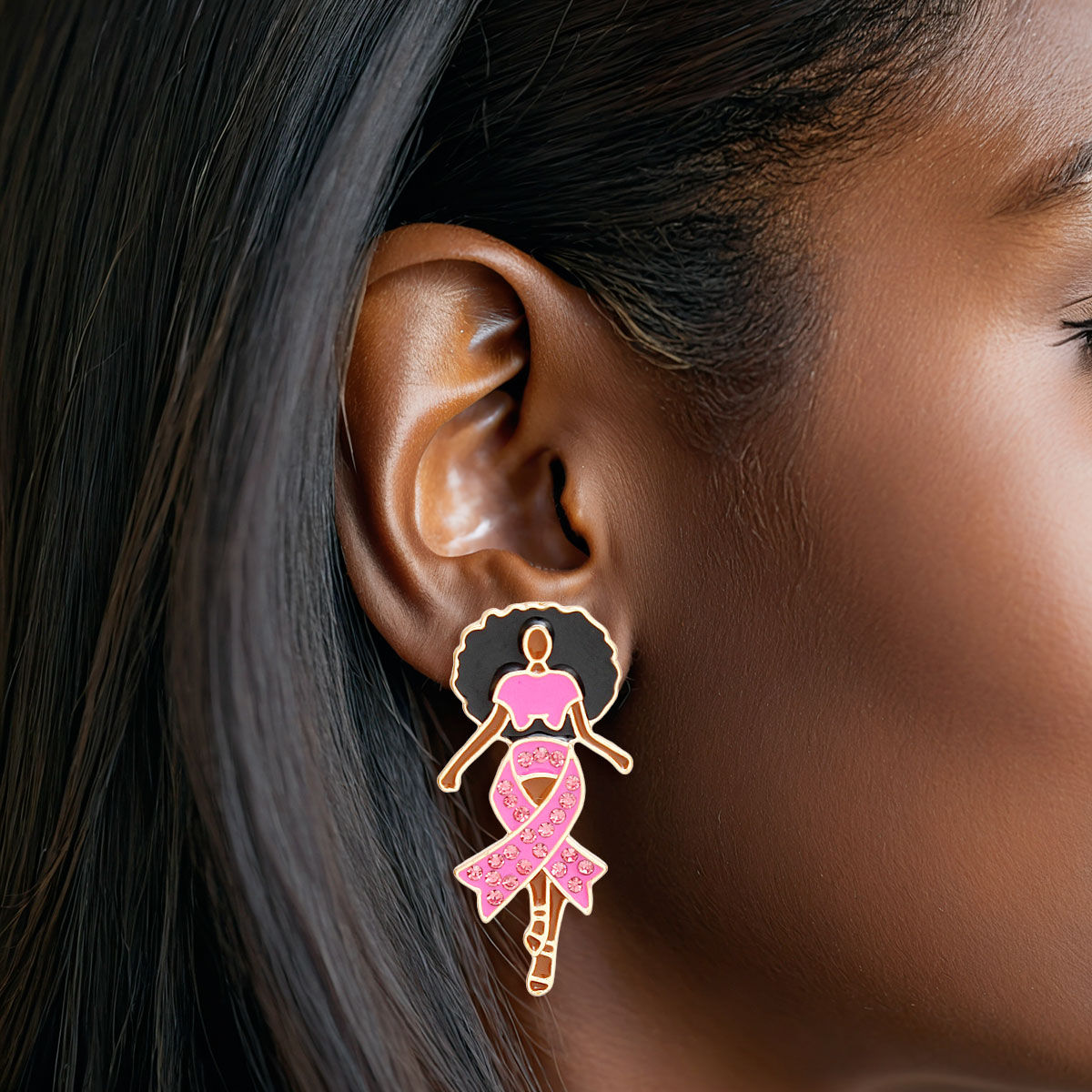 Studs Gold Pink Black Woman Breast Cancer Earrings