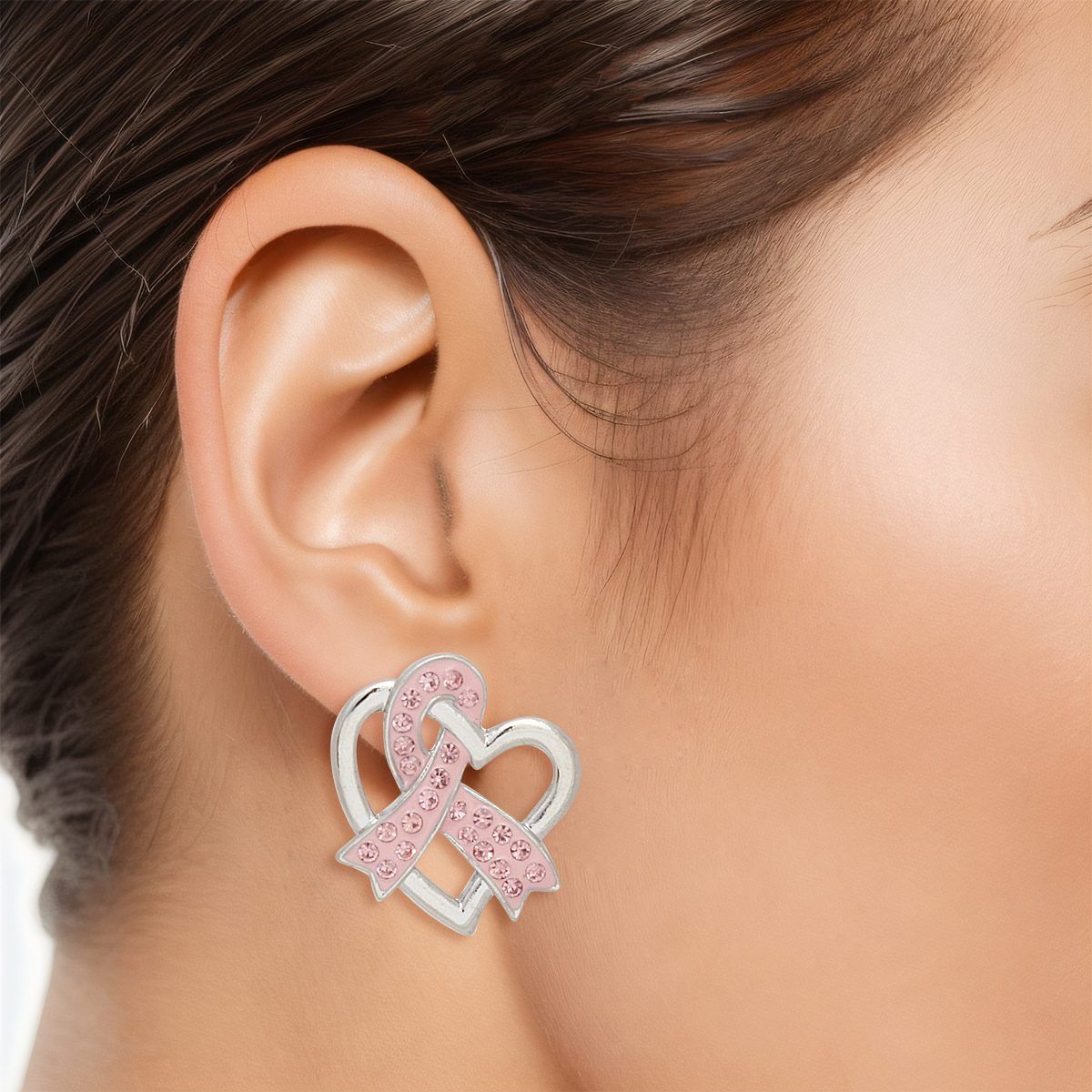 Breast Cancer Silver Light Pink Ribbon Loop Studs