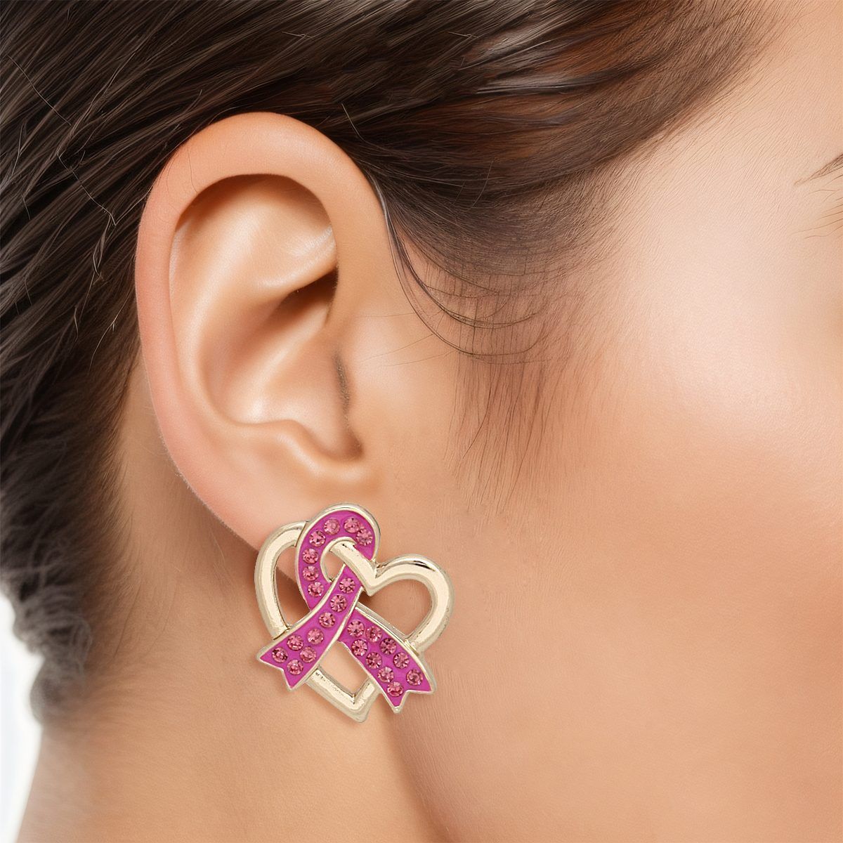 Breast Cancer Gold Pink Ribbon Loop Stud Earrings