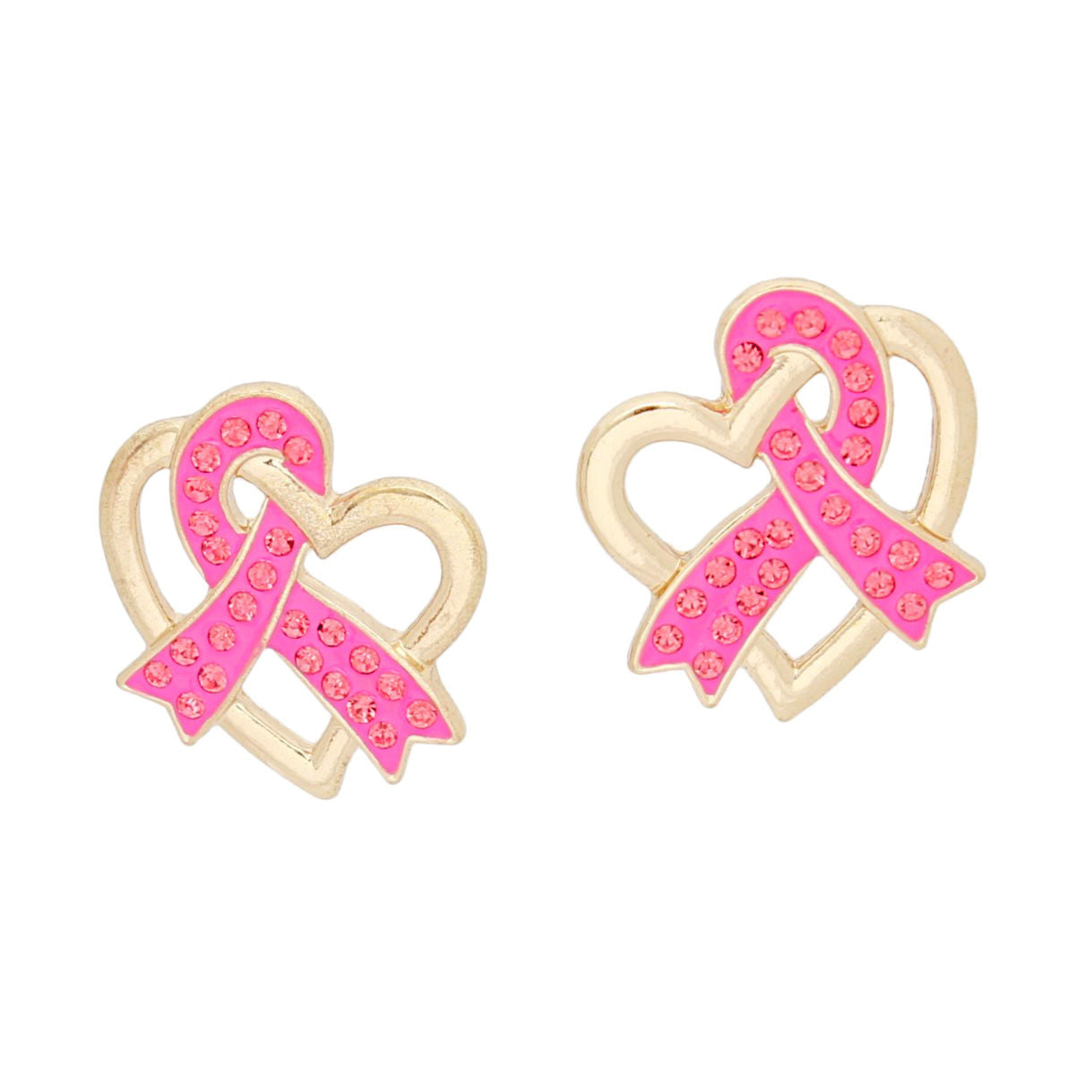 Studs Gold Pink Ribbon Looped Heart Earrings