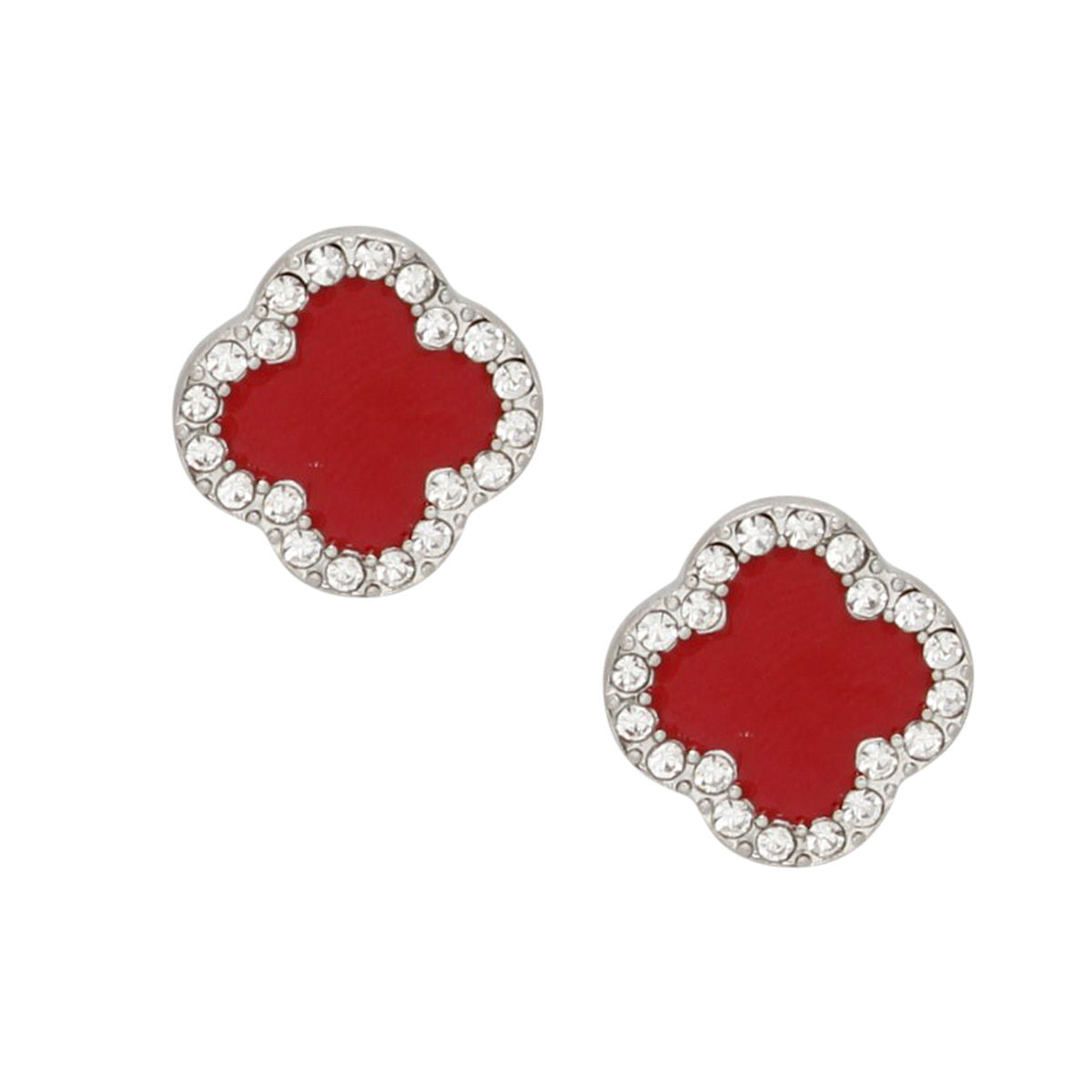 DST Red Silver Rhinestone Clover Stud Earrings