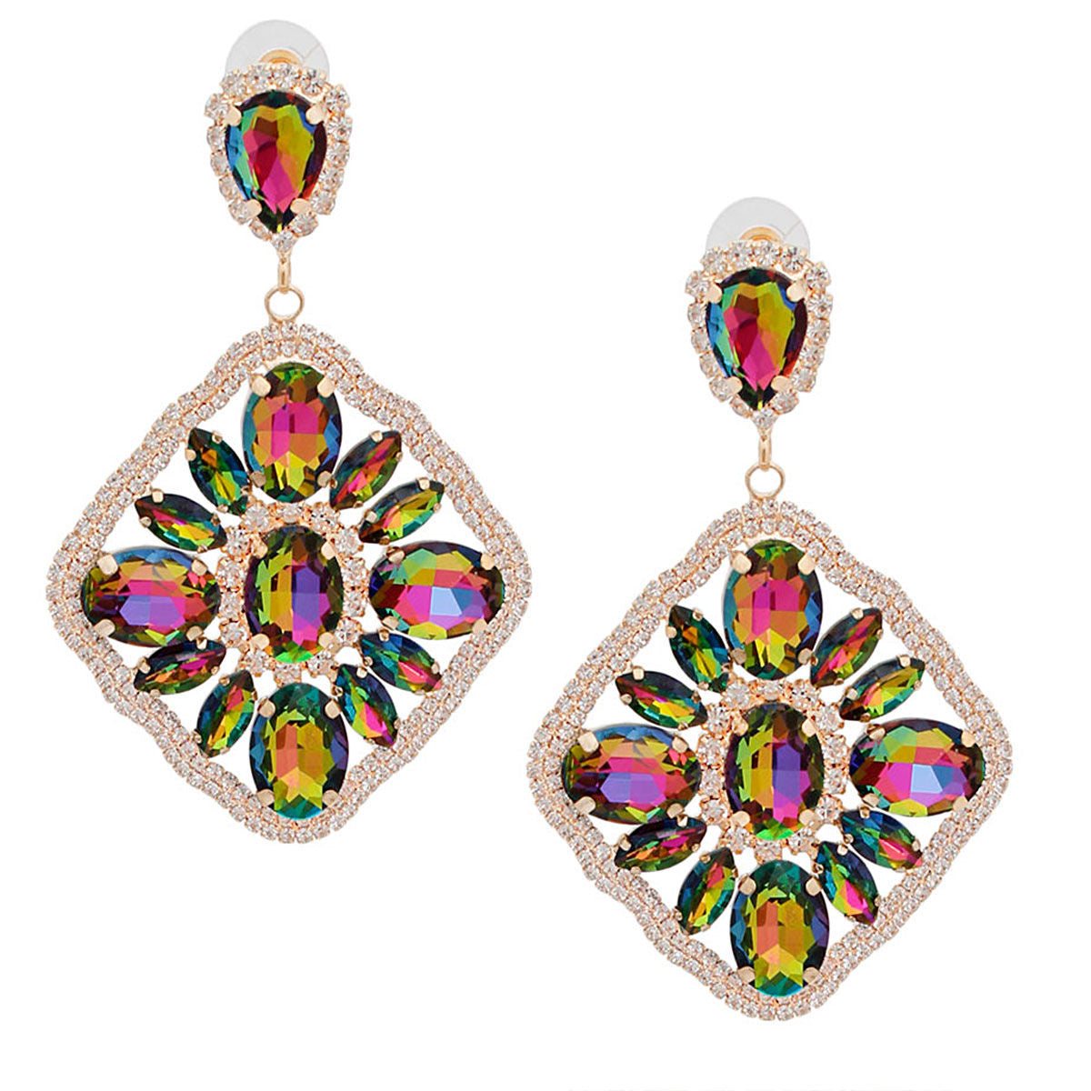 Pink Green Glass Crystal Diamond Earrings