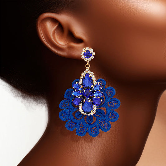 Royal Blue Fabric Lace Crystal Earrings