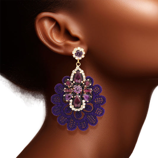 Purple Fabric Lace Crystal Earrings