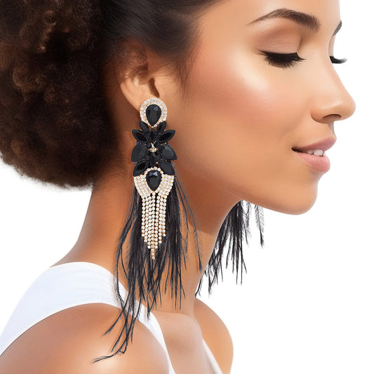 Tassel Black Feather Glass Earrings for Women