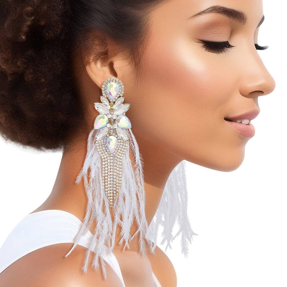 Tassel White Feather Glass Earrings for Women