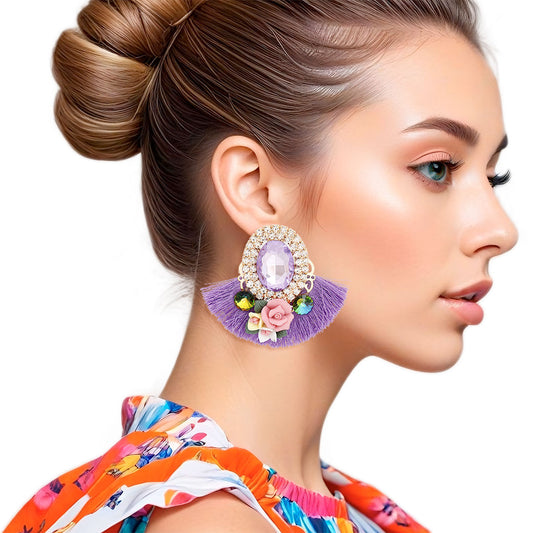 Studs Lavender Crystal Fan Tassel Floral Earrings