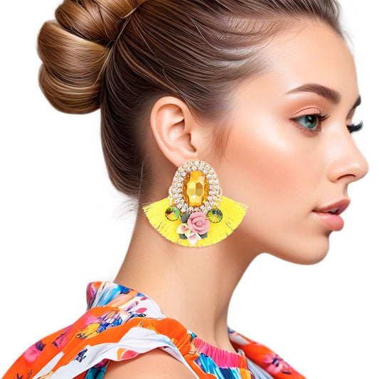 Studs Yellow Crystal Fan Tassel Floral Earrings