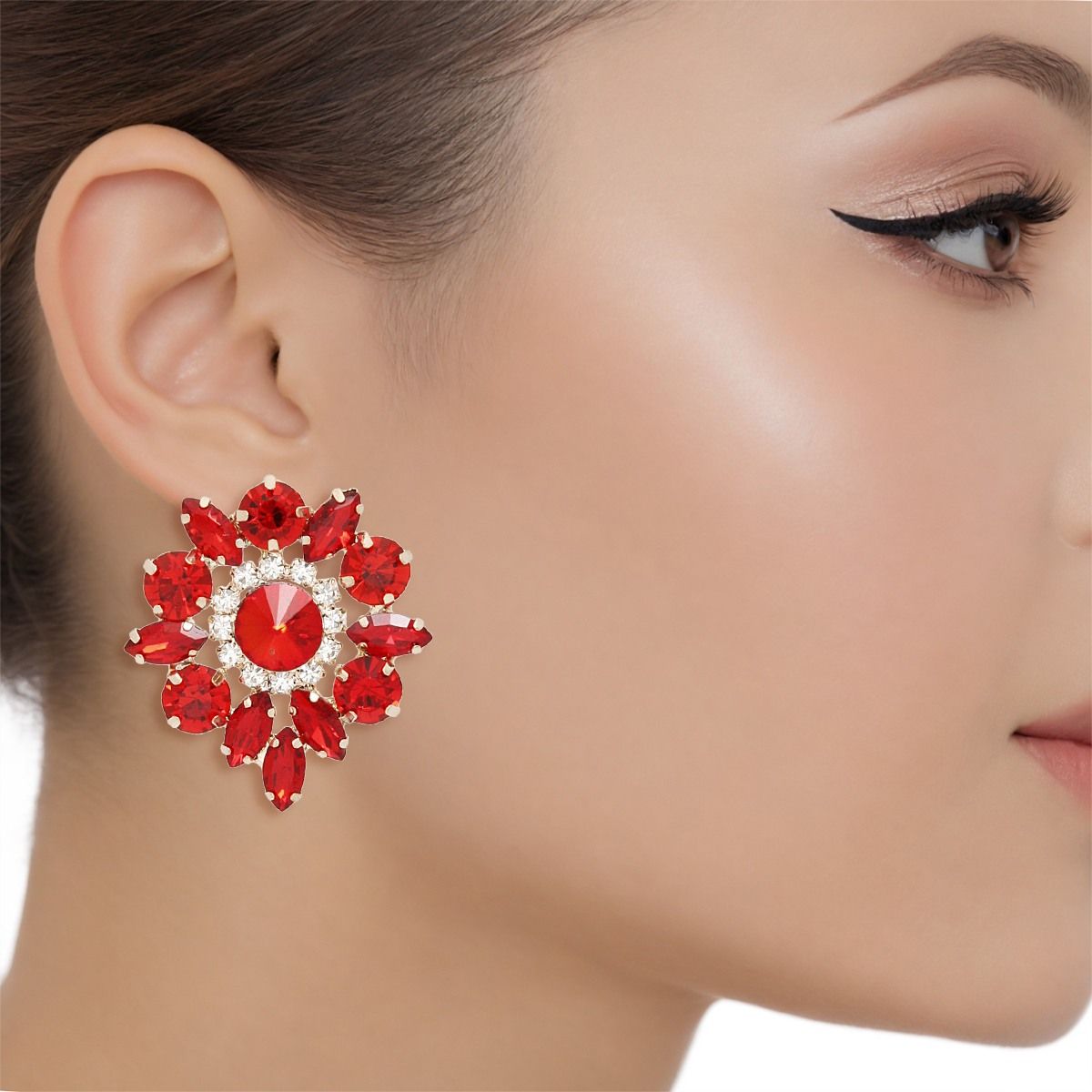 DST Studs Red Crystal Rounded Earrings Women