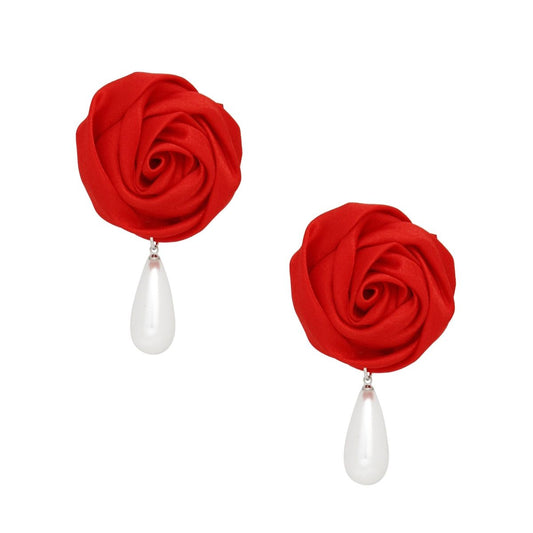 DST Red Rose White Pearl Teardrop Stud Earrings