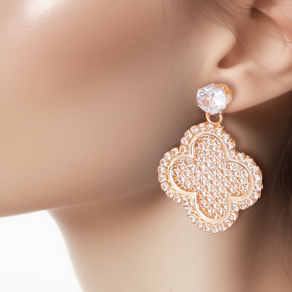 Gold Pave Clover Earrings