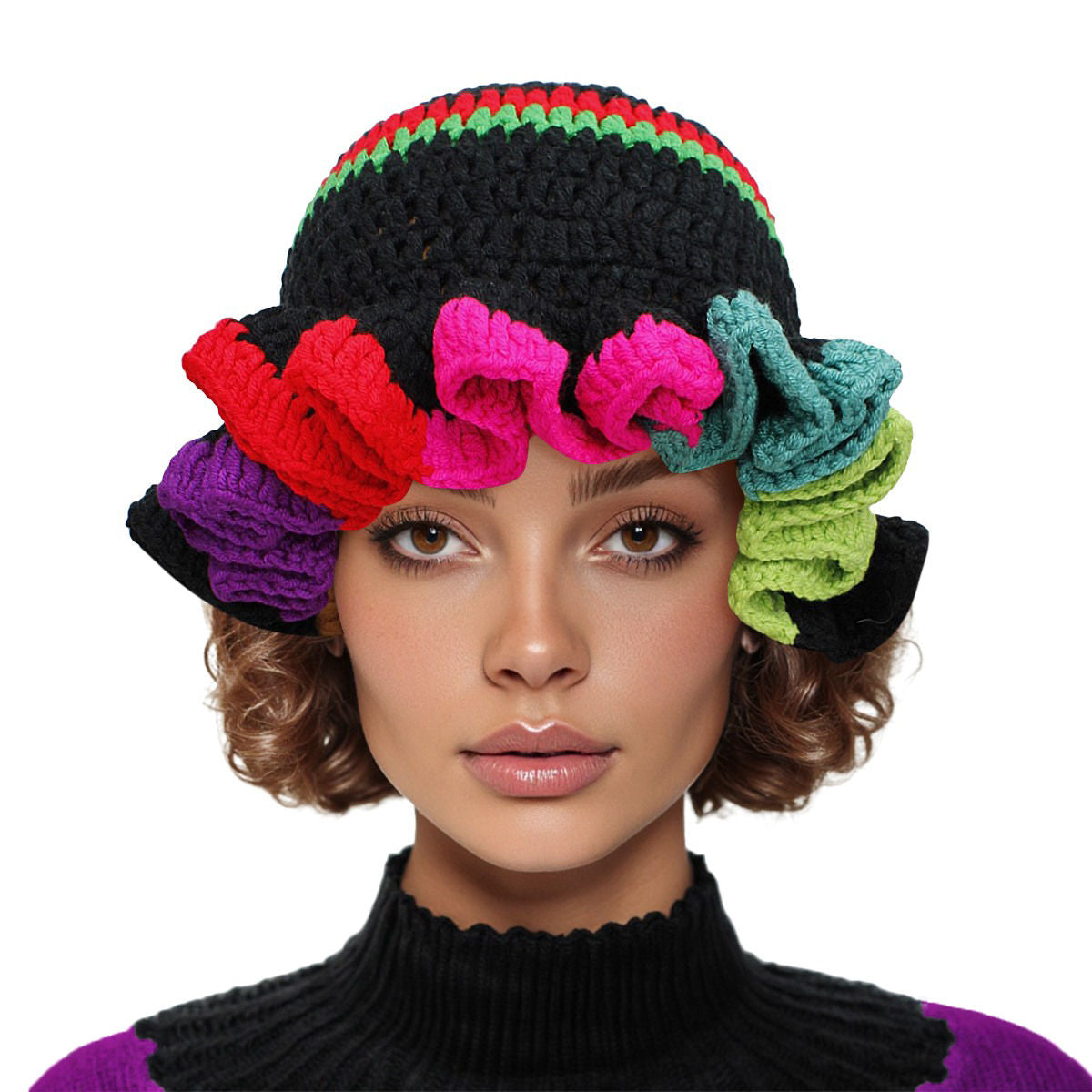 Black Crochet Multicolor Ruffle Bucket Hat Women