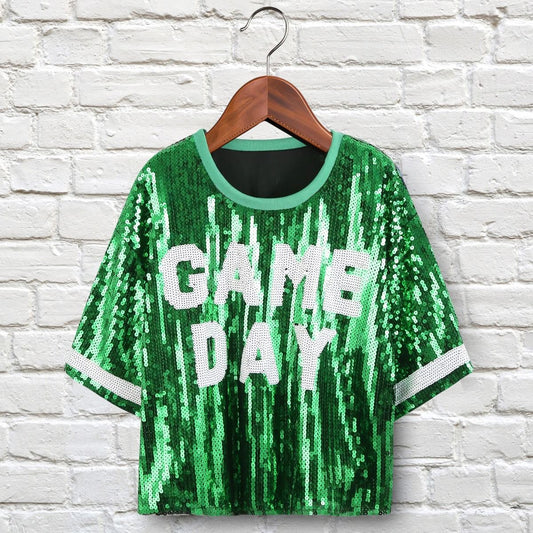 Jersey AKA Green White Sequin GAME DAY Crop Top