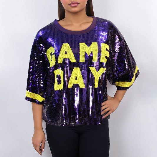 Jersey Purple Yellow Sequin GAME DAY Crop Top