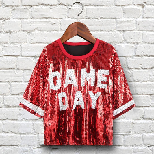 Jersey DST Red White Sequin GAME DAY Crop Top