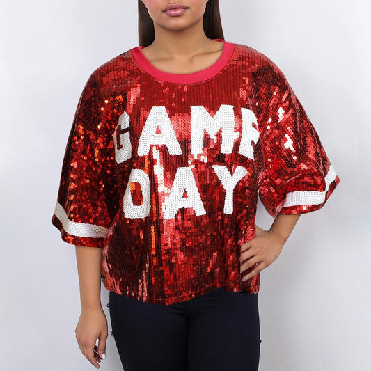 Jersey DST Red White Sequin GAME DAY Crop Top