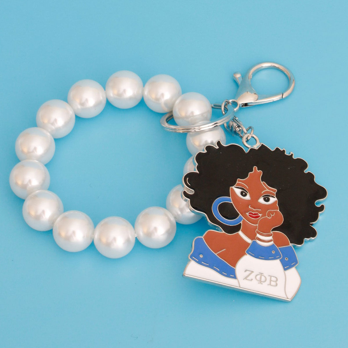 Blue White Woman Pearl Keychain