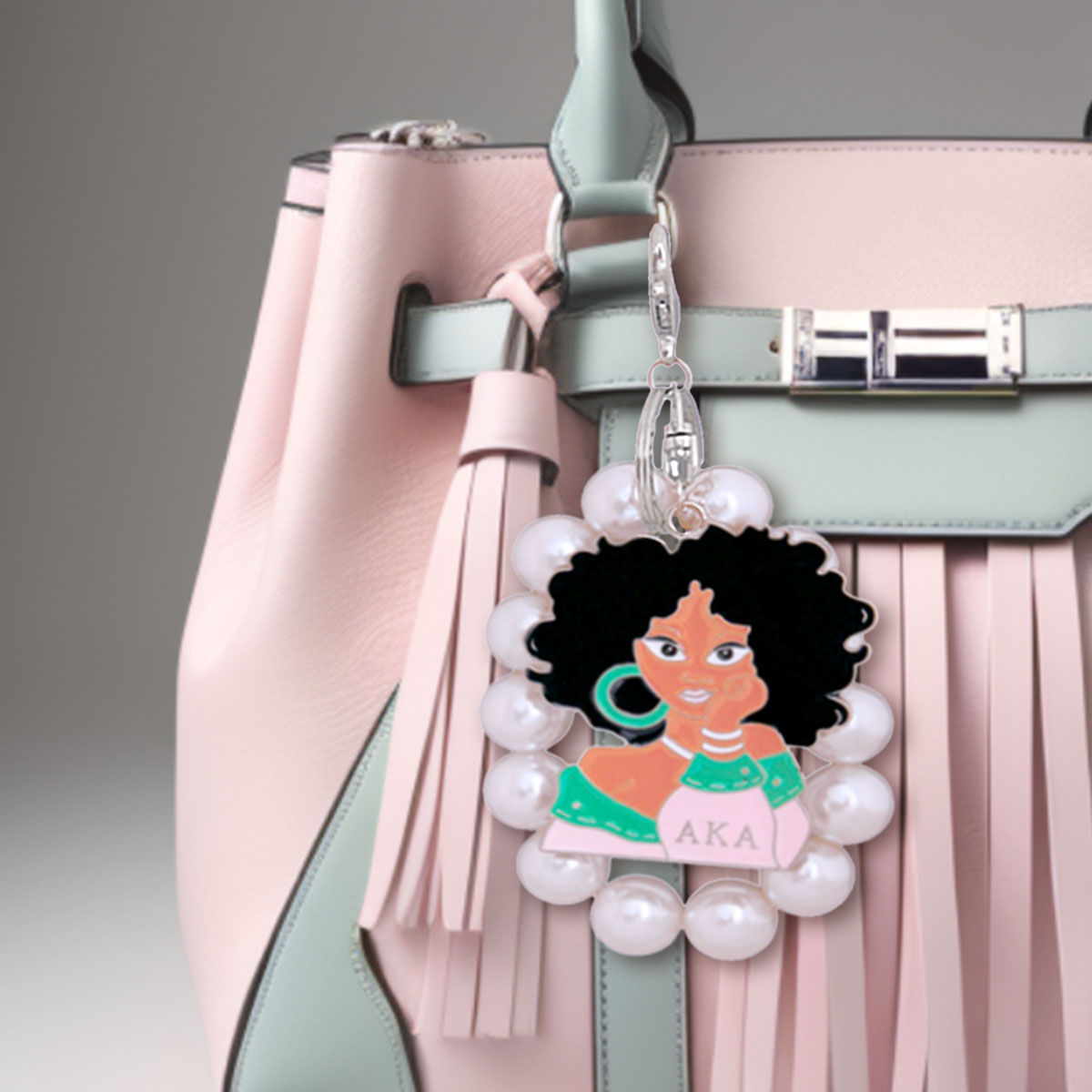 AKA Pink Green Woman Pearl Keychain