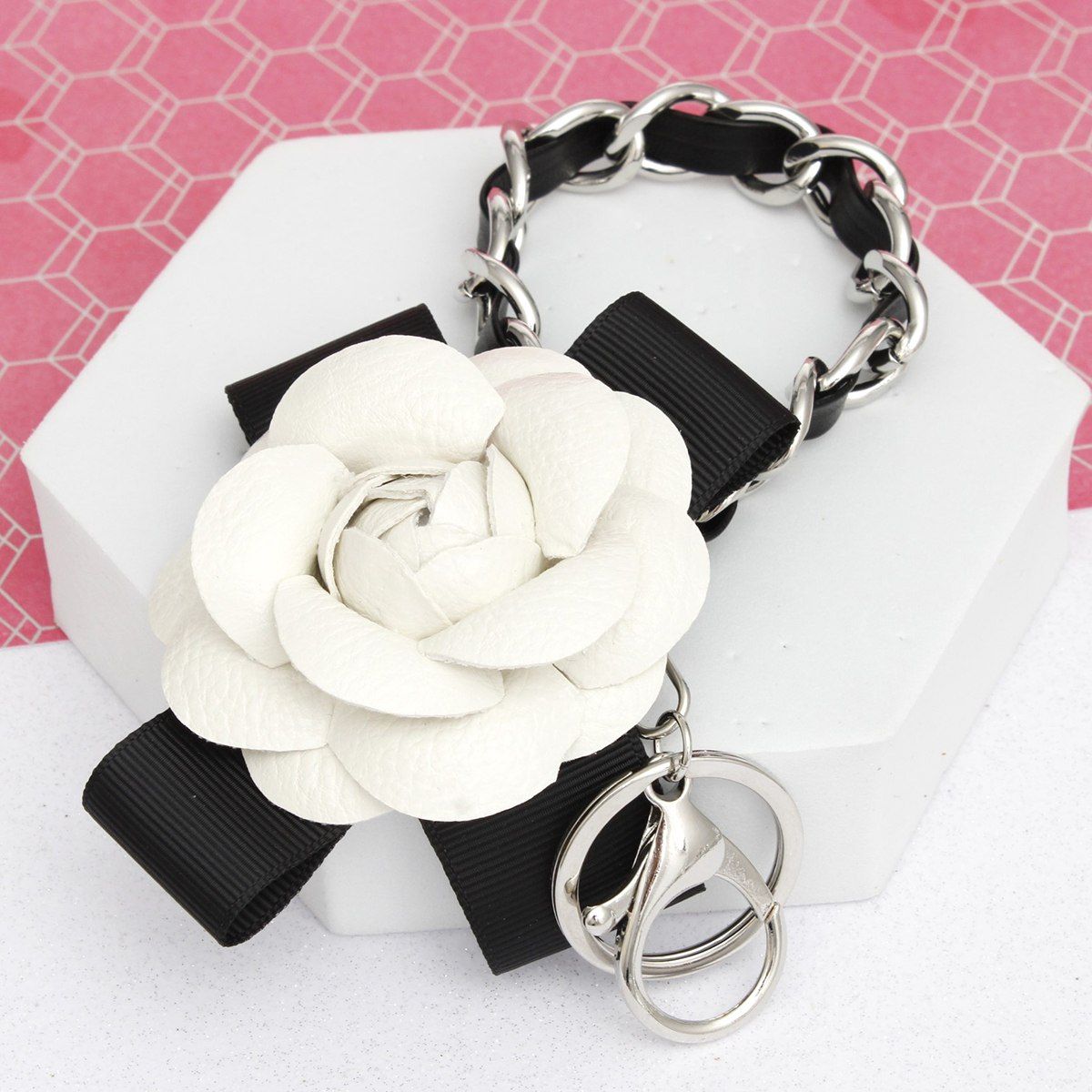 Keychain White Camellia Silver Chain Handbag Clip