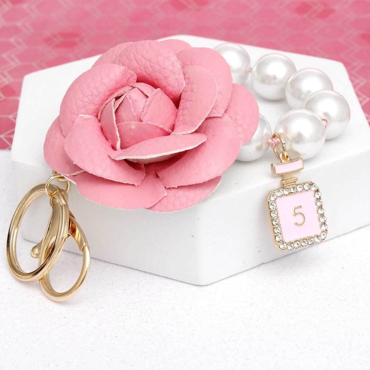 Keychain Pink Camellia Pearl Wristlet Bag Clip