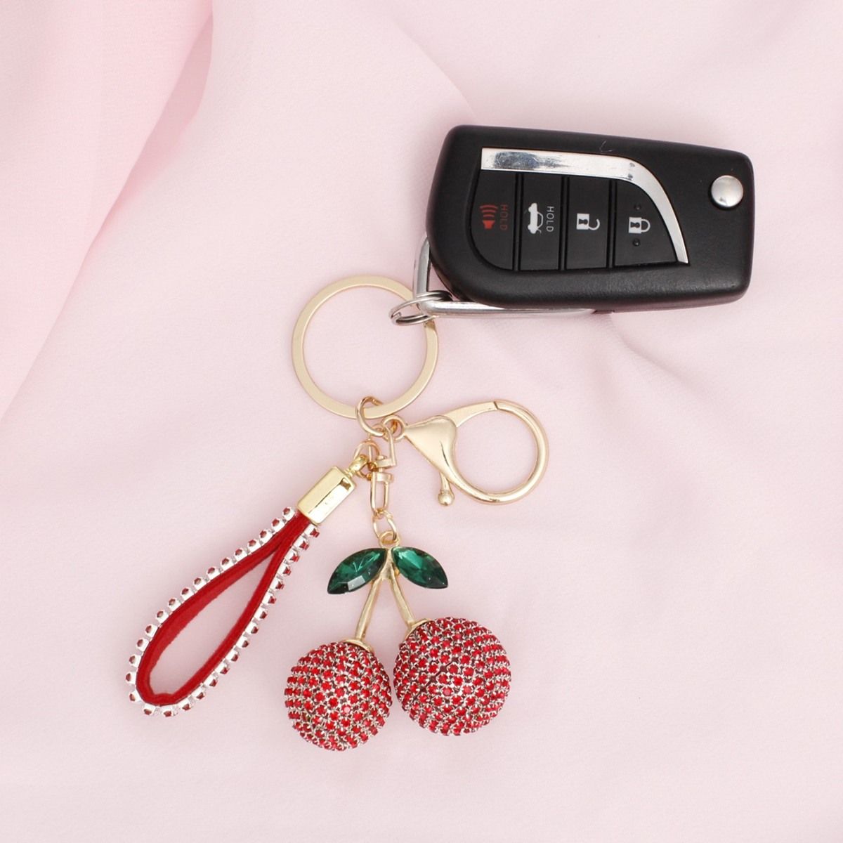 Keychain Red Rhinestone Crusted Cherry Bag clip