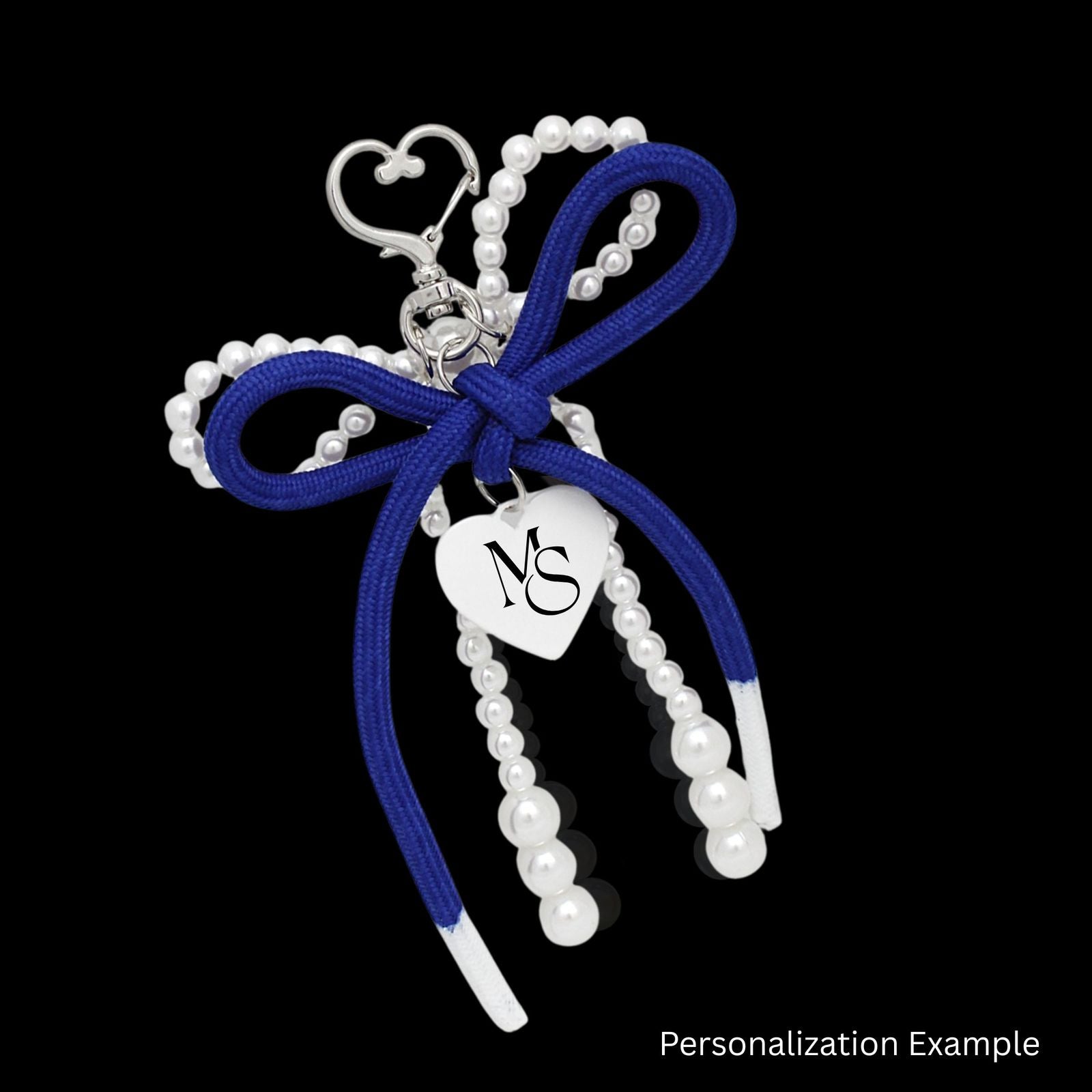 ZPB White Pearl and Blue Cord Bows Heart Bag Clip