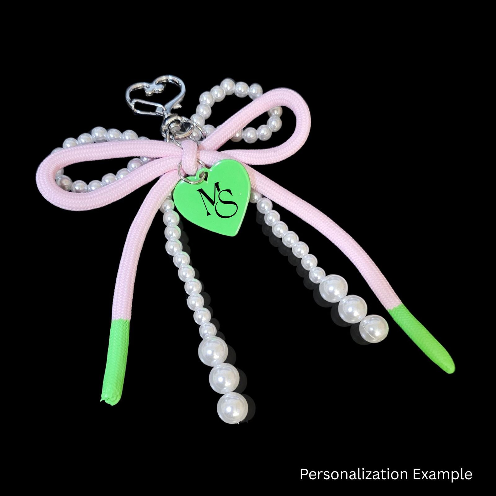 AKA White Pearl and Pink Cord Bows Heart Bag Clip