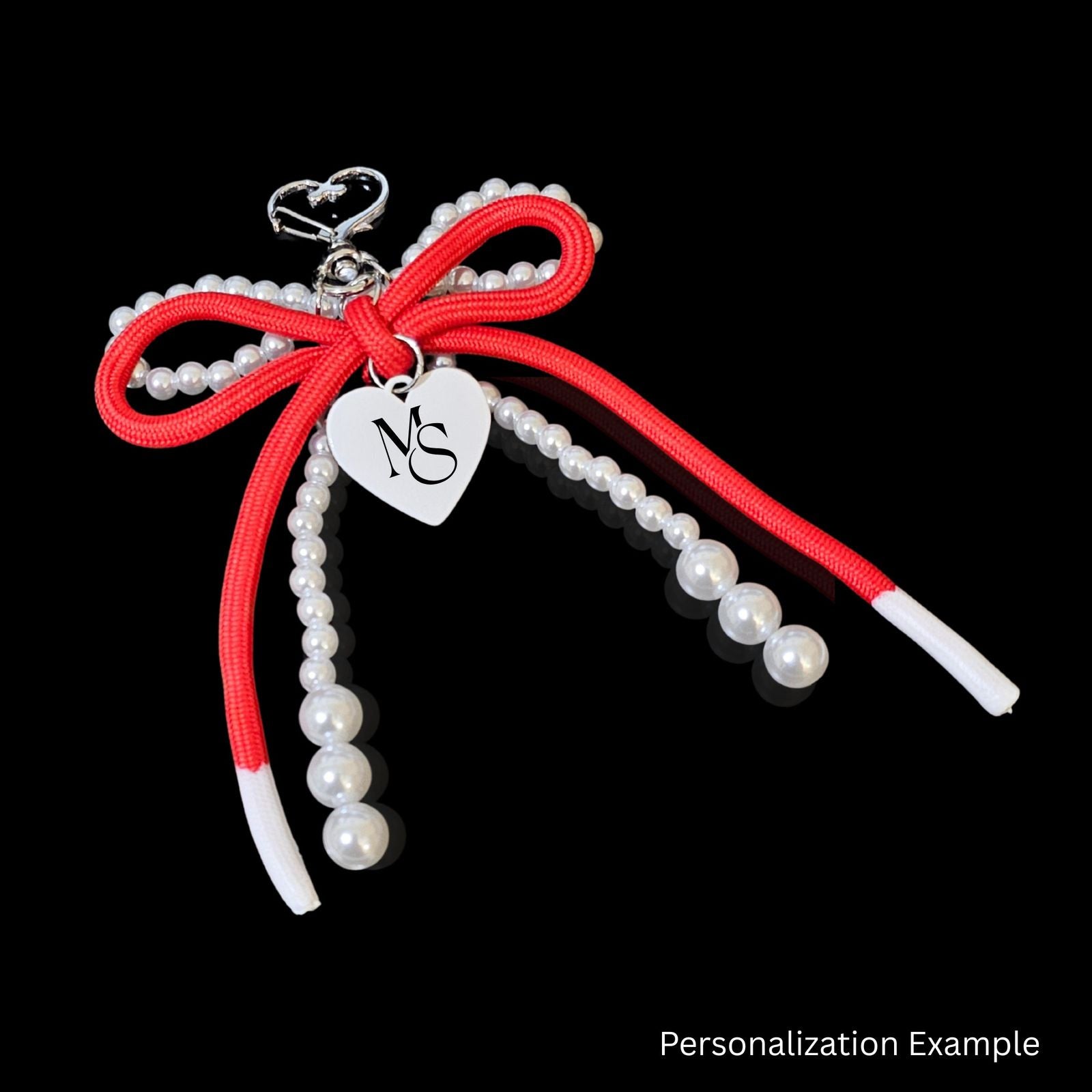 DST White Pearl and Red Cord Bows Heart Bag Clip