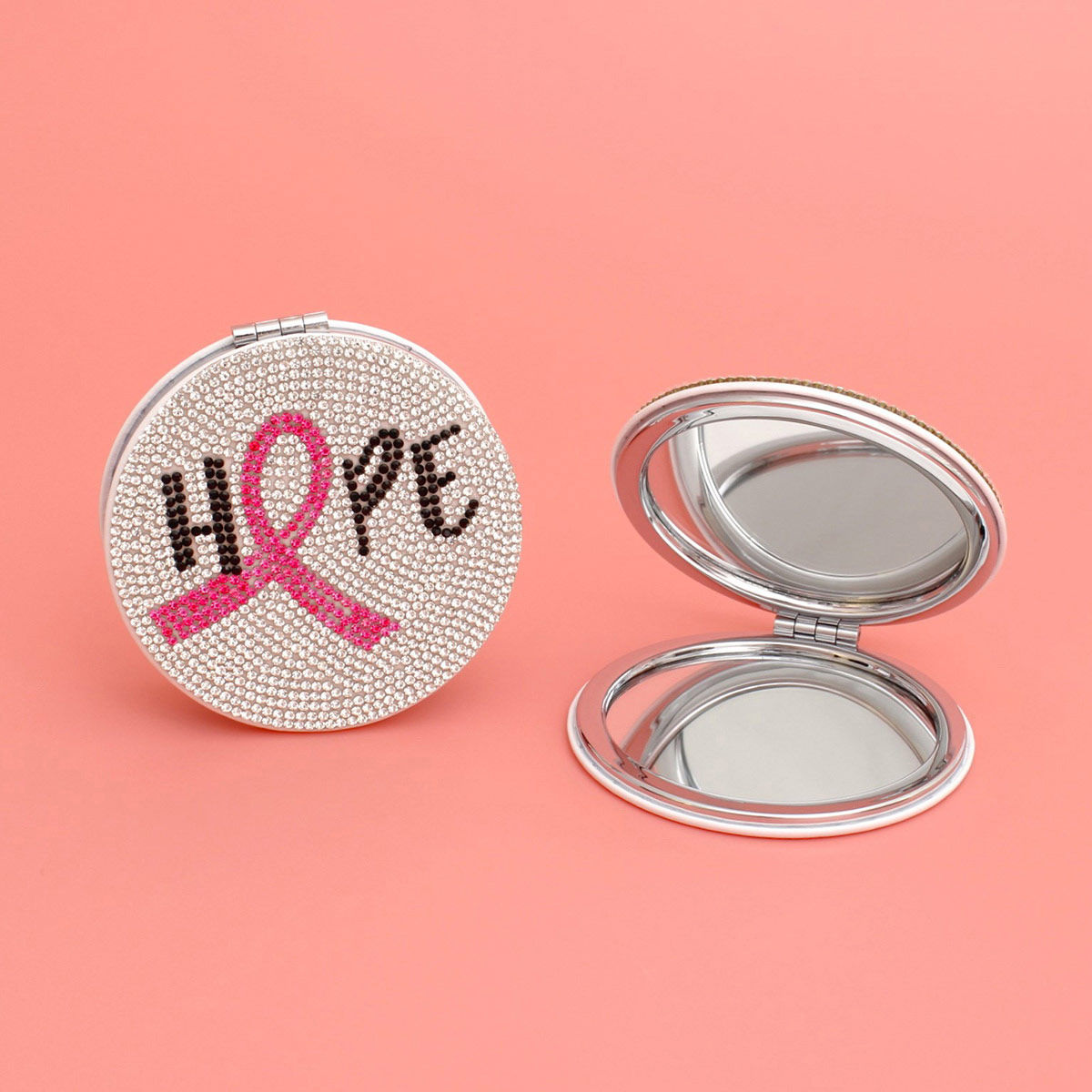 Breast Cancer Hope Ribbon Bling Mirror Compact