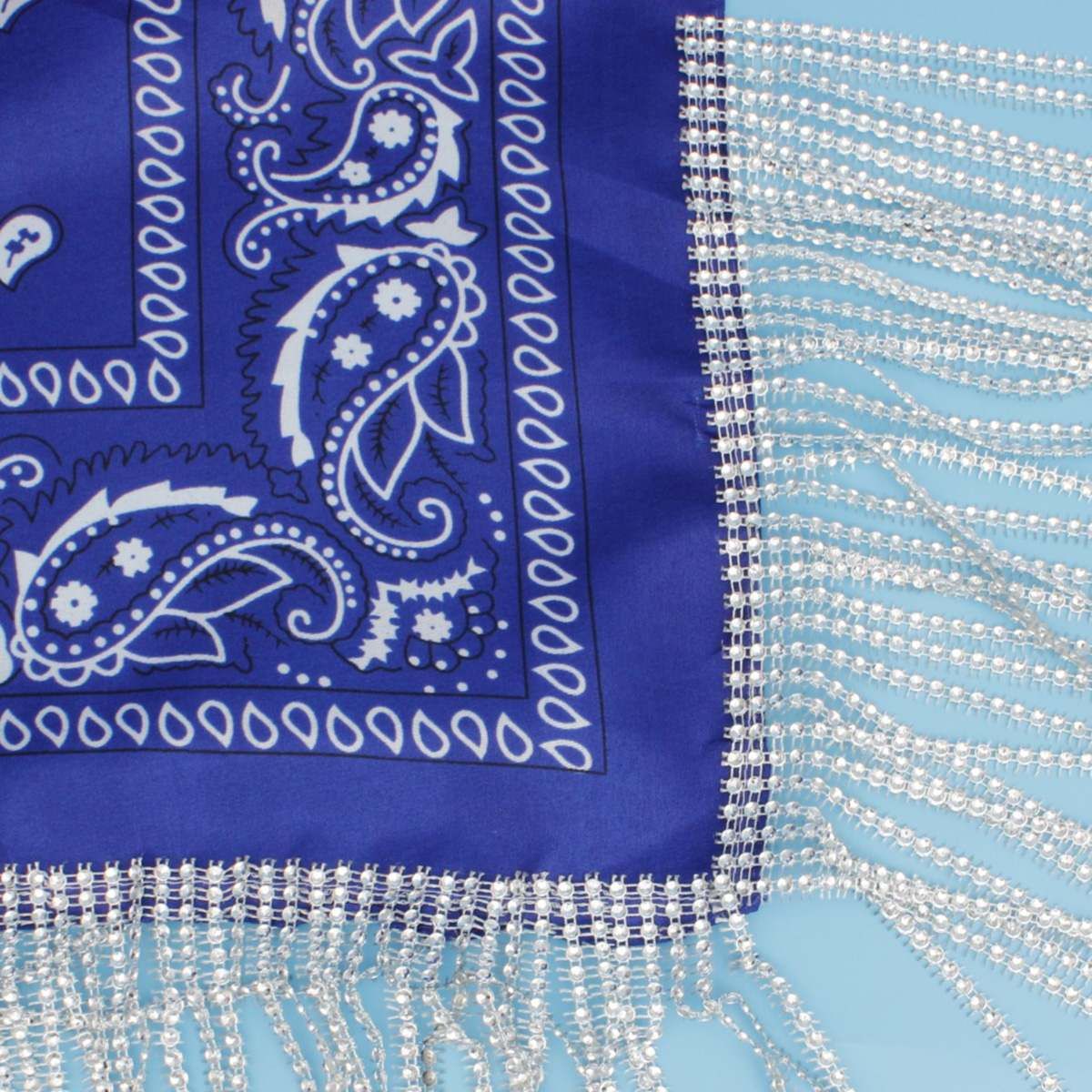 ZPB Blue and White Bandana Bling Fringe Necklace