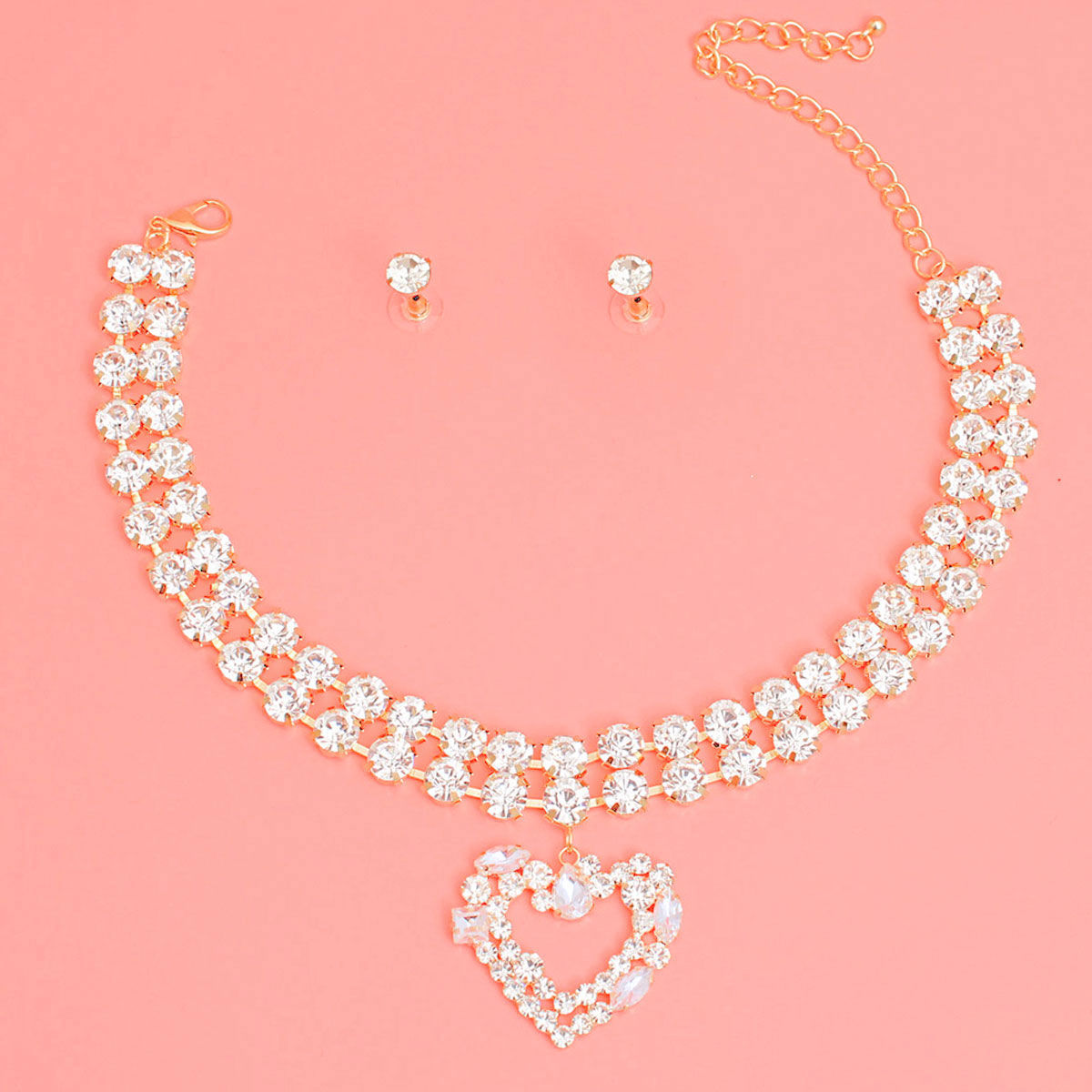 Gold Crystal 2 Row Heart Choker Set