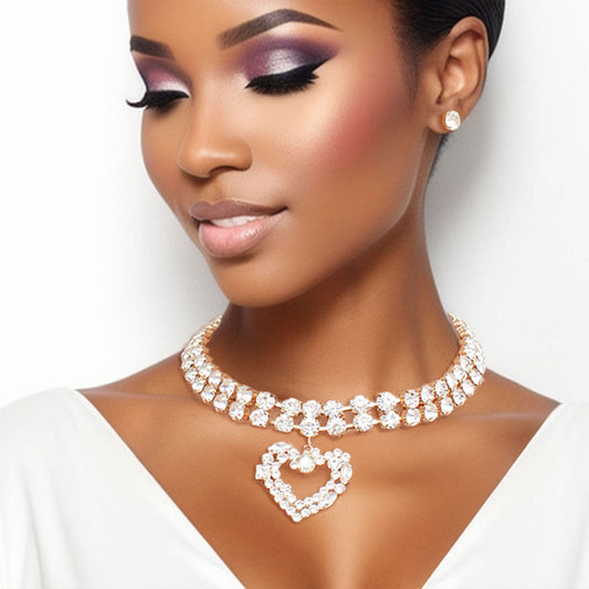 Gold Crystal 2 Row Heart Choker Set