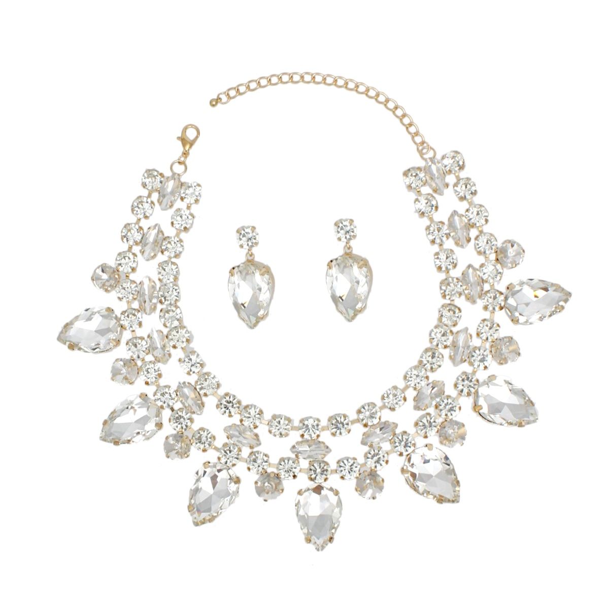 Formal Brilliant Gold Teardrop Crystal Necklace