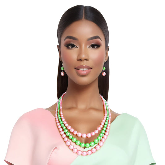 AKA Pearl Necklace Pink Green 3 Strand