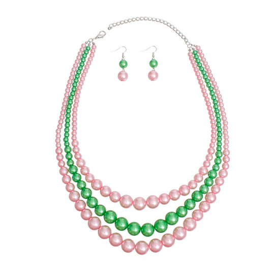 AKA Pearl Necklace Pink Green 3 Strand