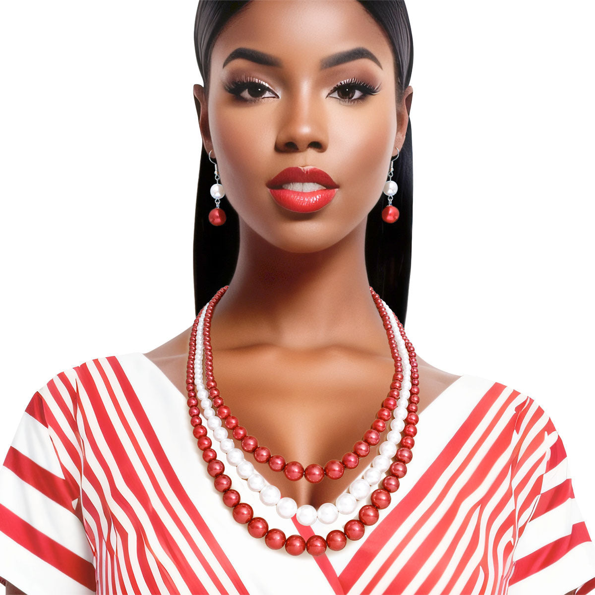 DST Pearl Necklace Red White 3 Strand Set