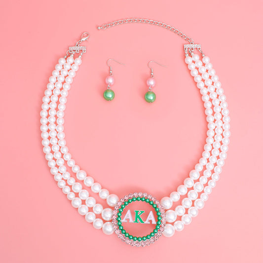 AKA Pearl Necklace Pink Green AKA Set