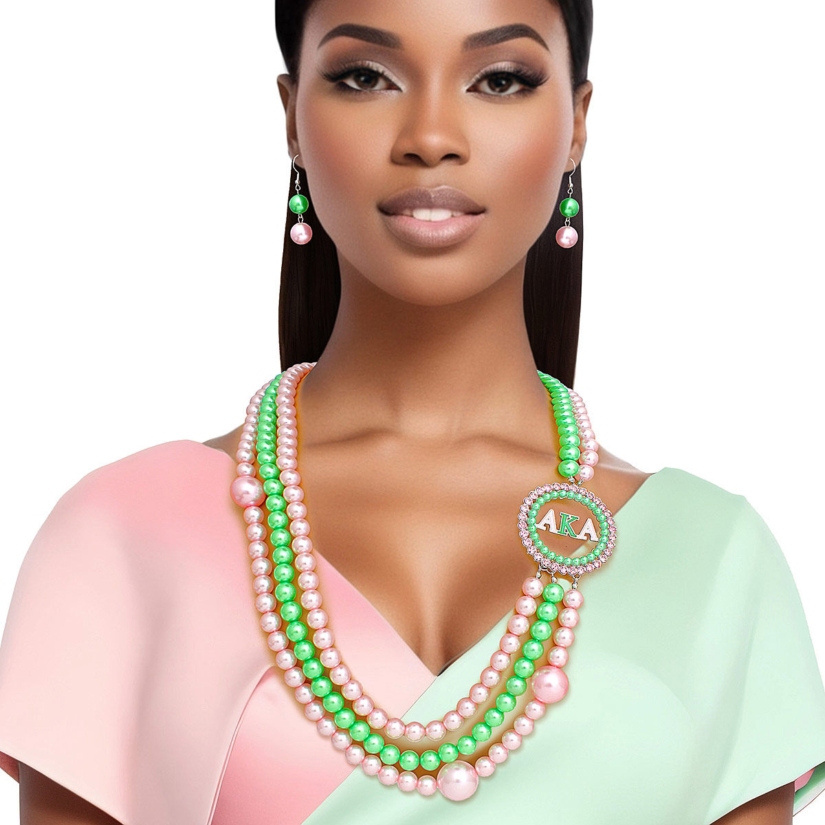 AKA Sorority Pink Green Pearl Long Brooch Necklace