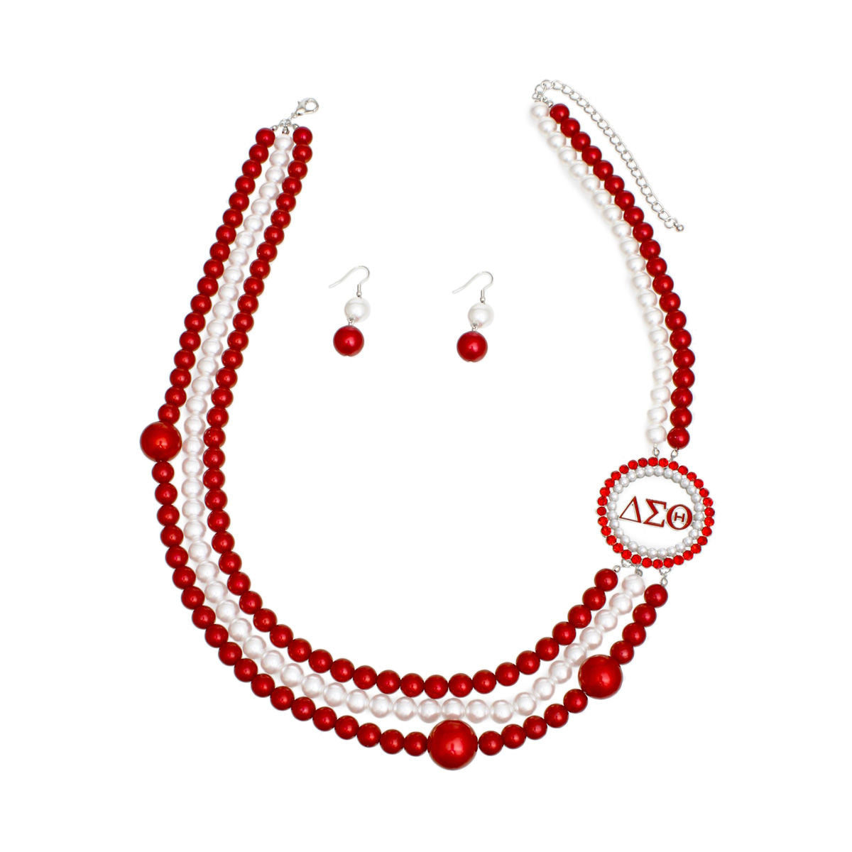 DST Sorority Red White Pearl Long Brooch Necklace