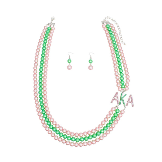 AKA Sorority Pink Green Long 3 Row Brooch Necklace