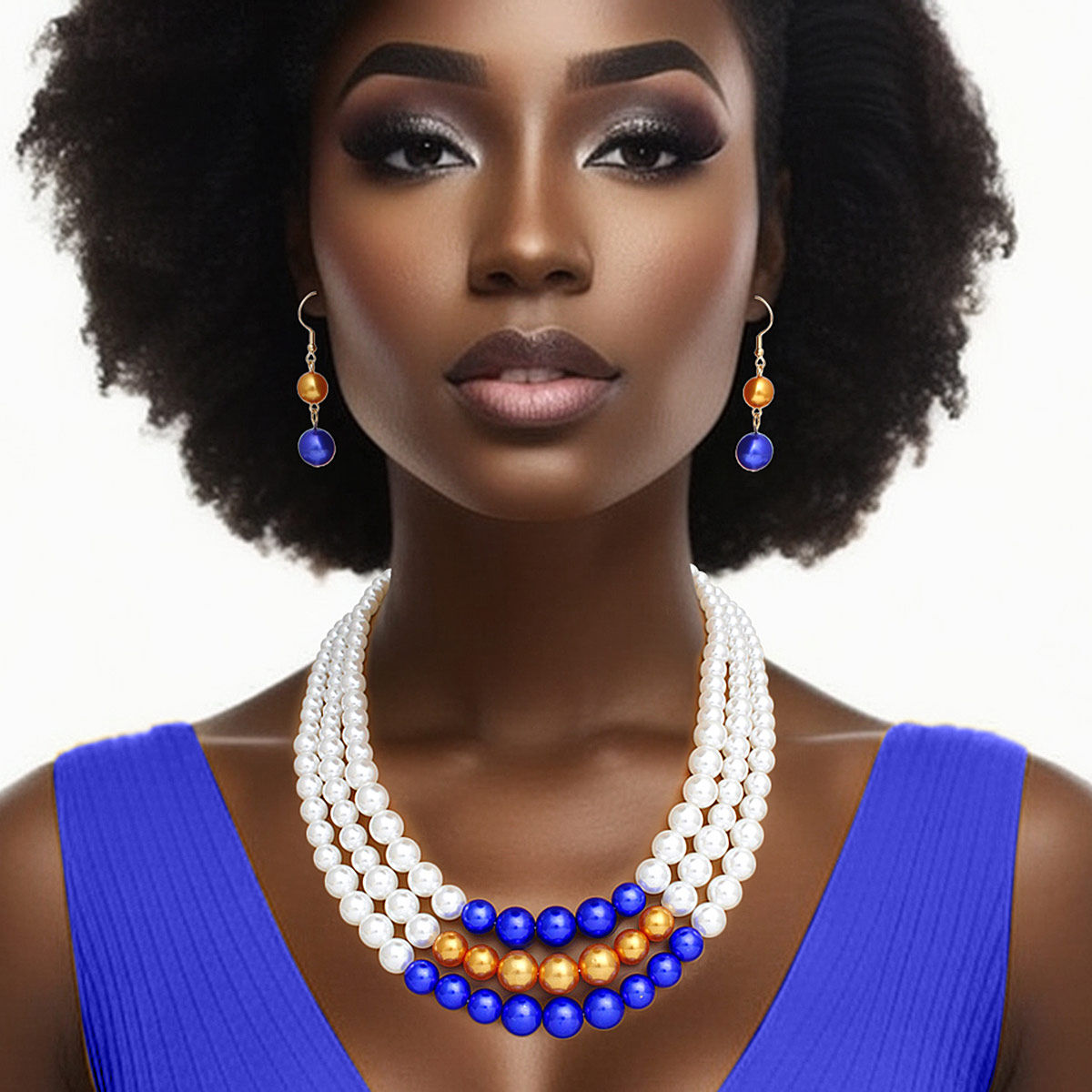 SGRHO Pearl White Gold Blue Center 3 Strand Set