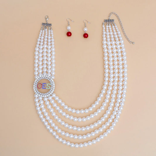 OES Sorority White Pearl Necklace Set for Women