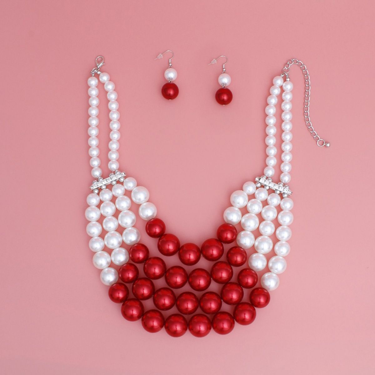 DST Chunky Red White Pearl Bib Necklace Set