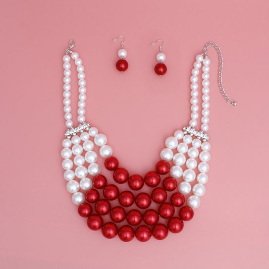 DST Chunky Red White Pearl Bib Necklace Set