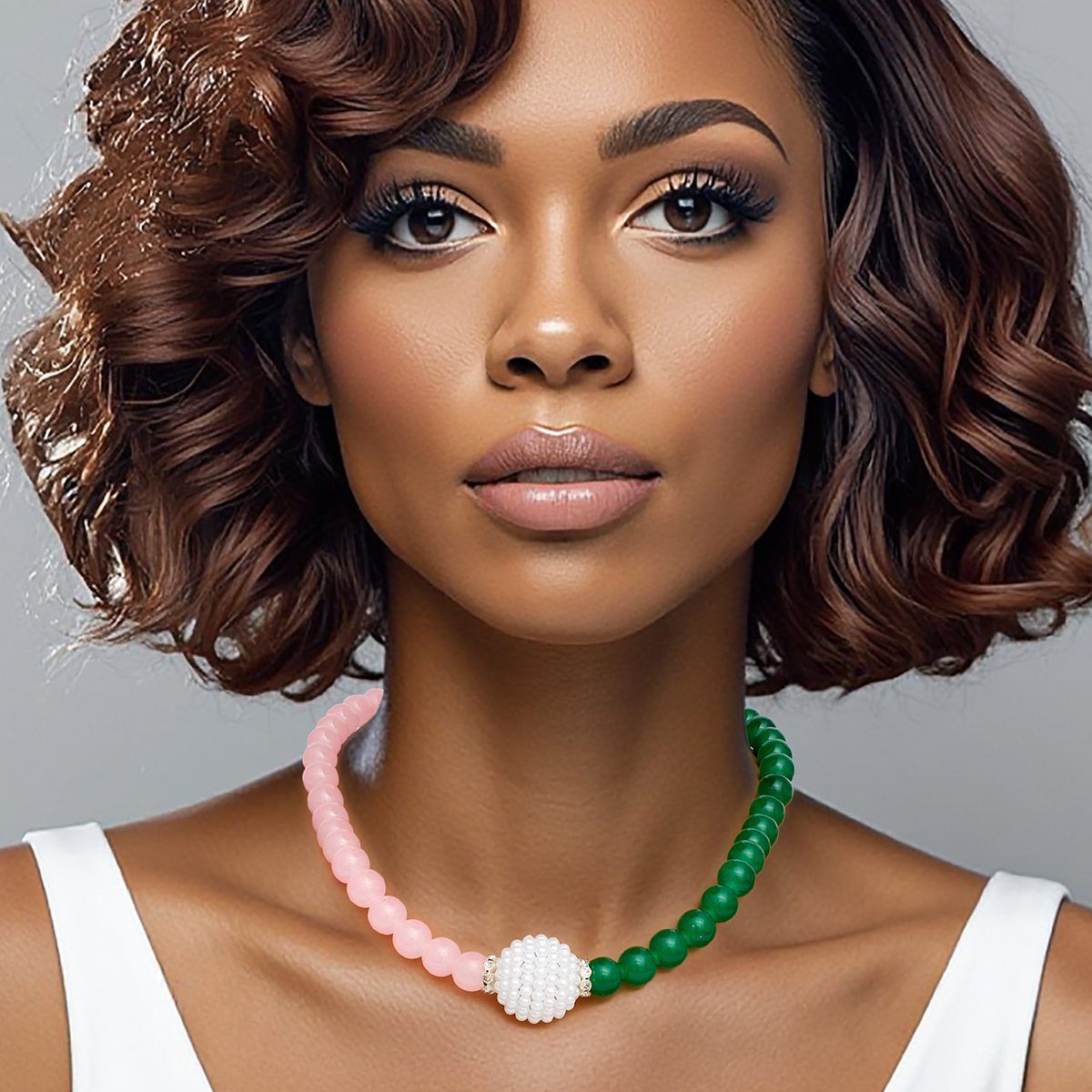 AKA Sorority Pink Green Pearl Glass Bead Necklace