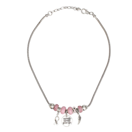 Breast Cancer Silver Never Give Up Charm Necklace