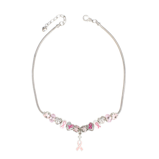 Breast Cancer Silver Hope Ribbon Charm Necklace