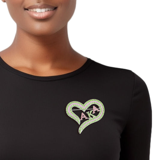 AKA Sorority Heart Pink Green Bling Brooch Women